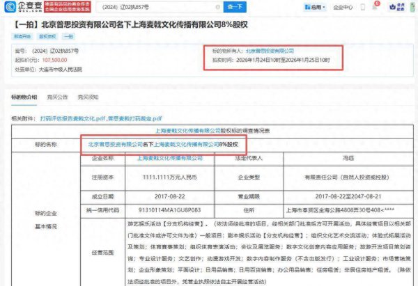 王想聪公司名下股权被拍卖，起拍价10.75万元